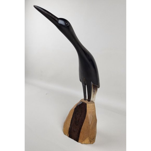 Crane Bird Hand Carved Horn Sculpture on Wood Base MCM Artist Marked - Picture 10 of 12